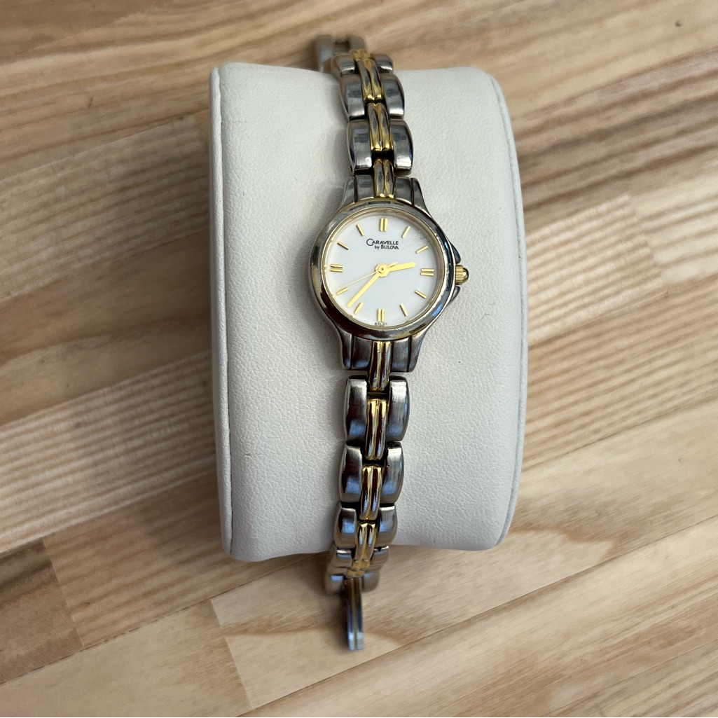 Caravelle By Bulova Ladies Watch Gold Silver Tone Bracelet White Dial Gold Hands